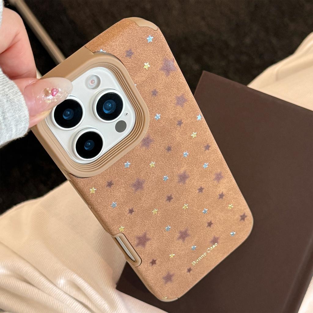 Gilt Stars Are Suitable for Iphone17promax Apple 16 Mobile Phone Case 15 Autumn and Winter Retro Brown 13 Leather 11 Soft Shell