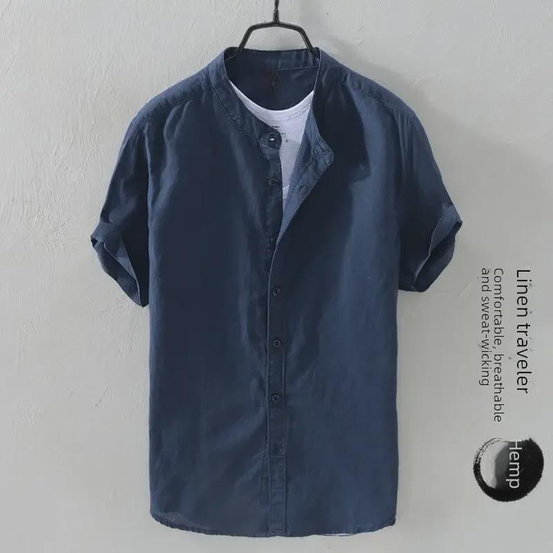 Men's Short-Sleeve Chinese-Style Linen Cotton Shirt - Casual Loose Fit