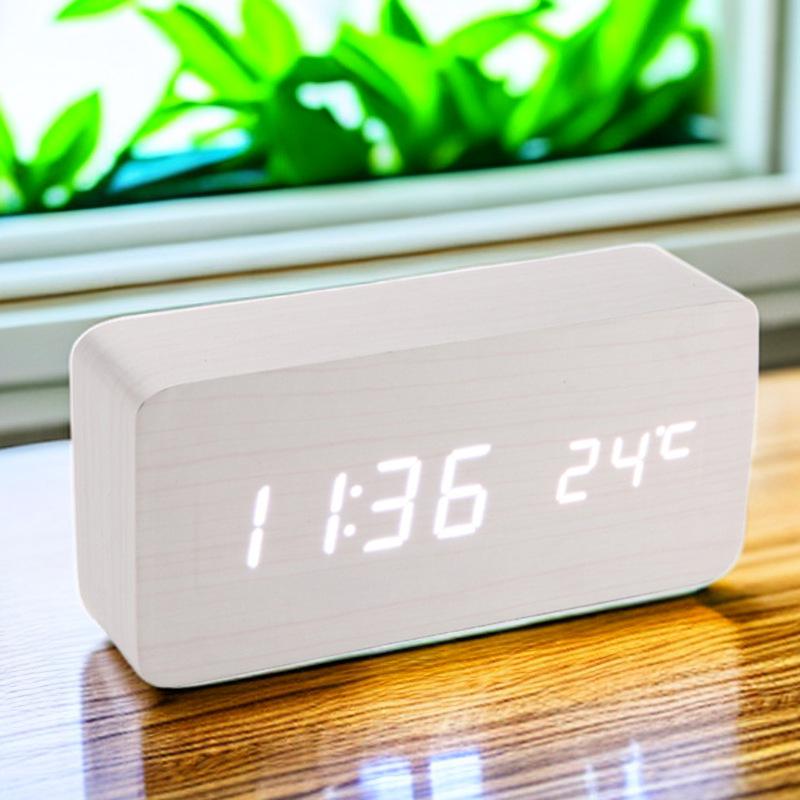 Wooden Sound-Control Luminous LED Alarm Clock with Silent Mode & Temperature Display