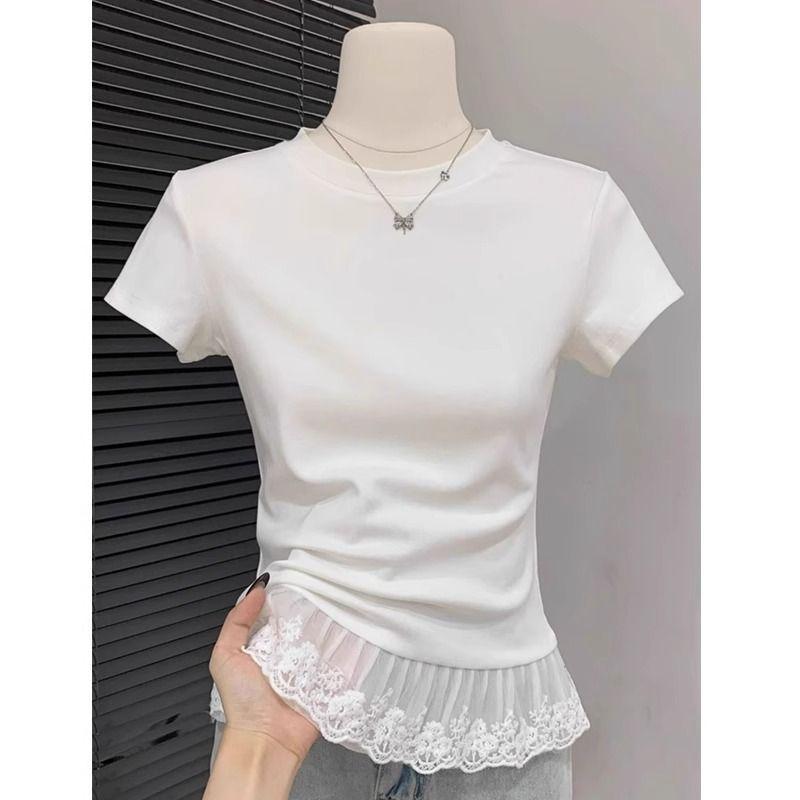 Women's White Lace Patchwork Short Sleeve T-shirt: Gentle and Slimming Spring Style