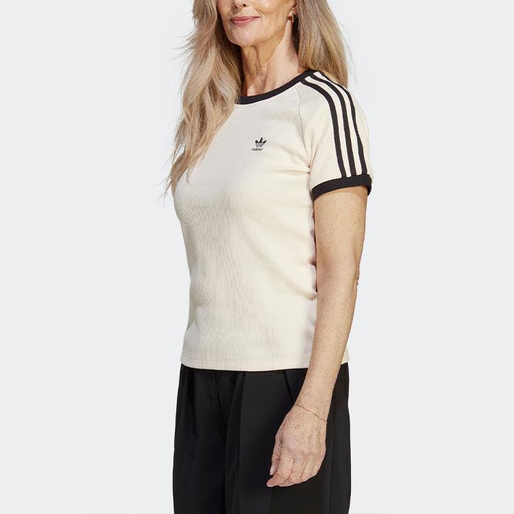 Adidas Originals 3-Stripes Slim T-Shirt, Contrast Sports Crew Neck, Short Sleeve Women Tops Wonder-White IC5463