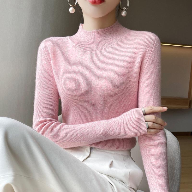 Women's 2024 Fall/Winter Cashmere Knit Base Layer: Long Sleeve, Warm, Slimming, Semi-High Neck, Versatile, Comfortable.