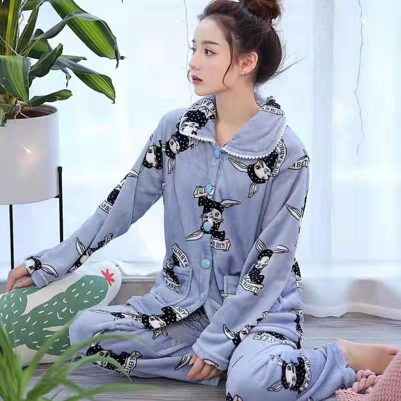 Women's Coral Fleece Pajamas: Warm, Thick Cardigan Lapel Homewear Set for Autumn and Winter