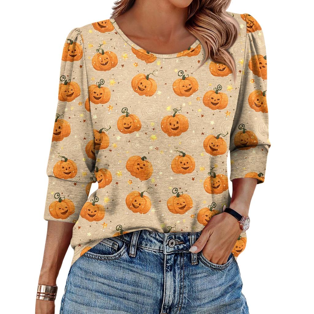 Women's Fashionable Casual Round Neck Seven Quarter Sleeve Halloween Printed Bubble Sleeve Top