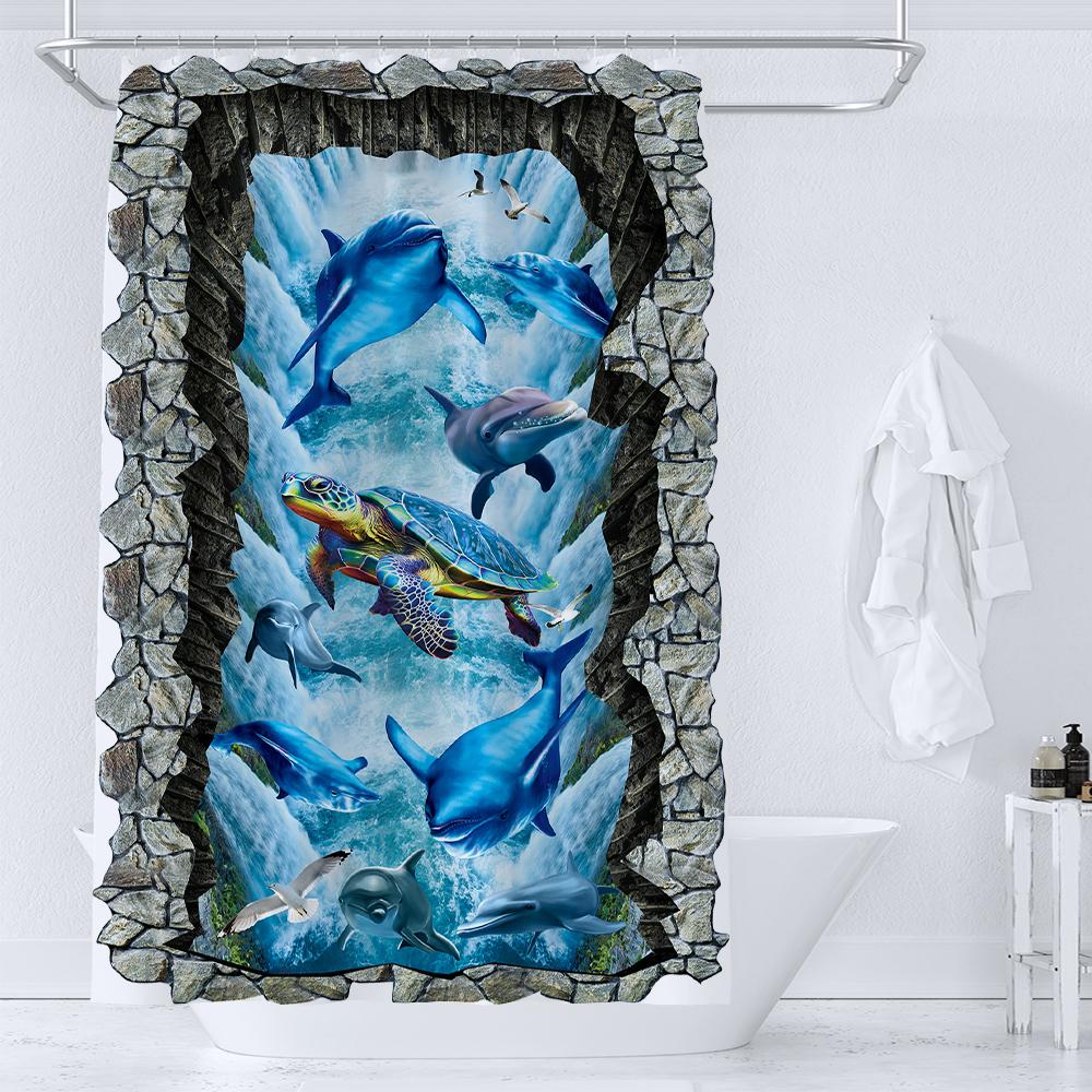 36X72 Inch Dolphin Shower Curtains Underwater World Marine Life Fabric Bath Curtain Kids Ocean Theme Bathroom Decor With Hooks