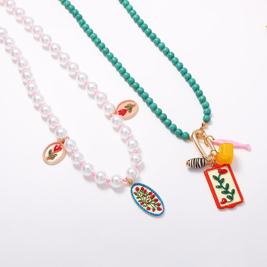 Trendy niche design sense printing pendant imitation pearl double-layer necklace seaside vacation sweet and versatile women's models