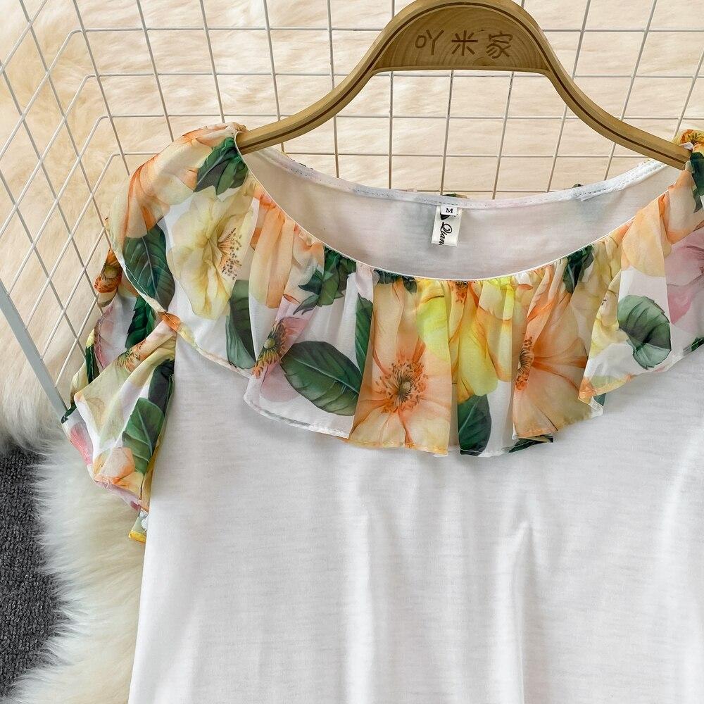 Set Female Celebrity Round Neck Patchwork Ruffle Printed Top Two Piece Set High Waist Medium Length Hip Wrap Skirt