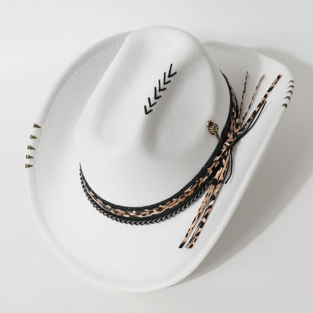 Popular women's flat-top woolen hat, western cowboy hat with hand-embroidered skull and metal decoration, versatile
