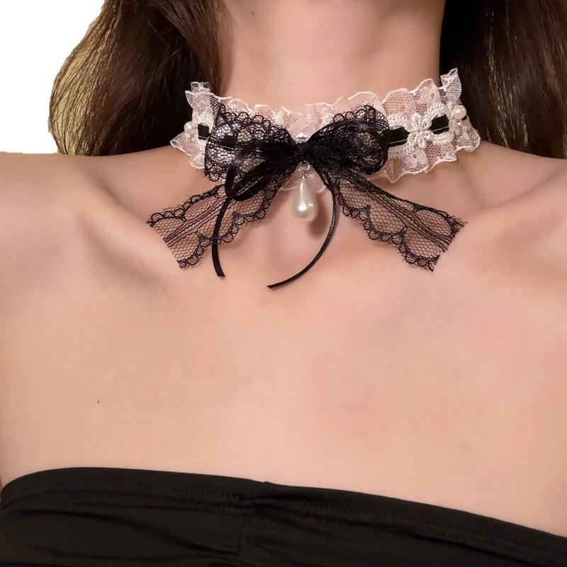 Gargantilha Lolita para Meninas com Pingente de Coração de Amor em Renda e Pedras, Correntes de Colar para Cosplay, Acessórios de Joias Dançantes para Festa de Casamento