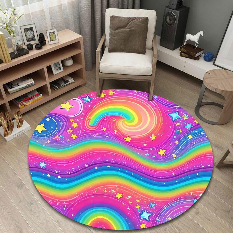 Playful Round Stained Glass Multicolor Rug Mat, Non-Slip Floor Mat for Entryway