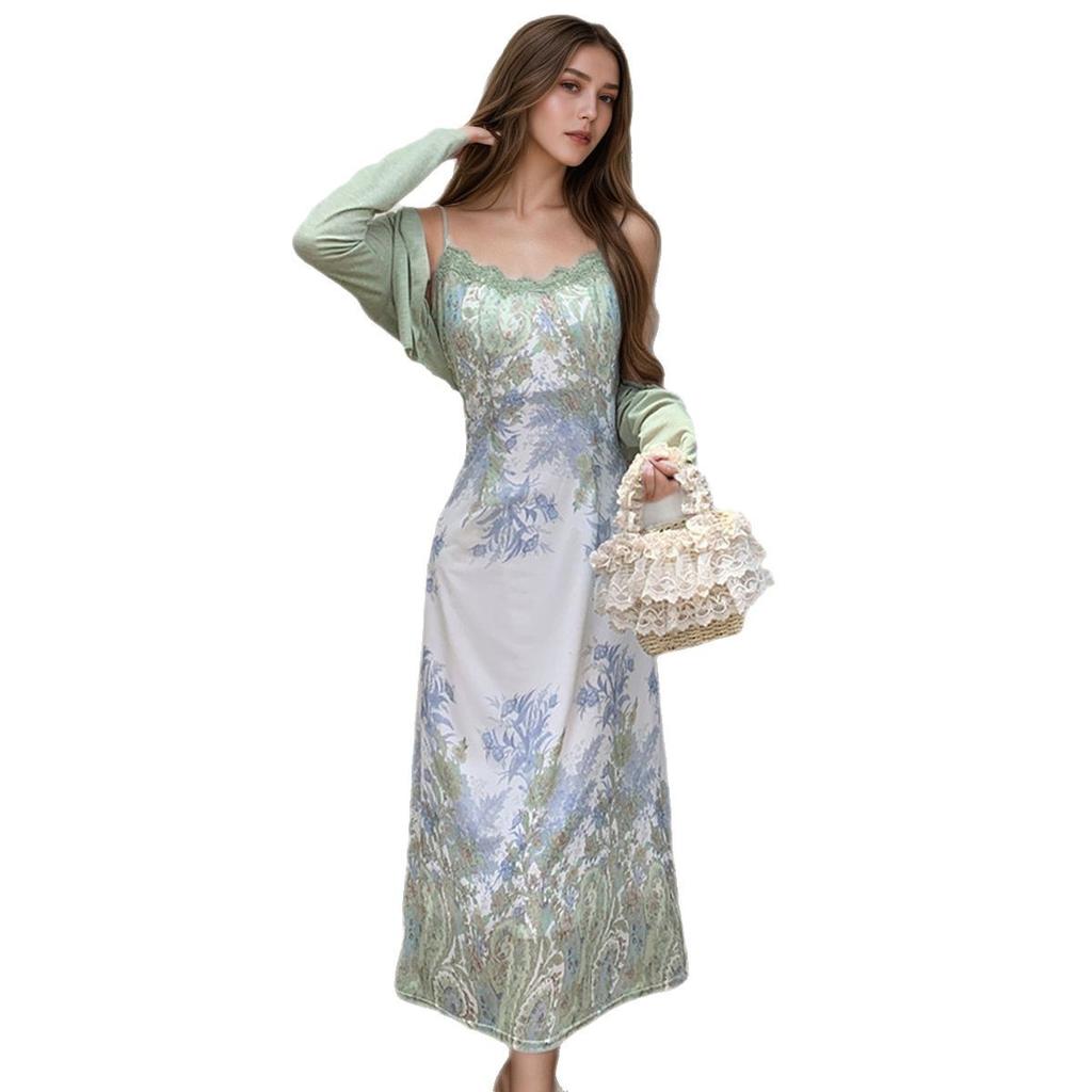 Damen Sexy Leicht Luxuriös Print Träger Spitze Patchwork Slim Kleid