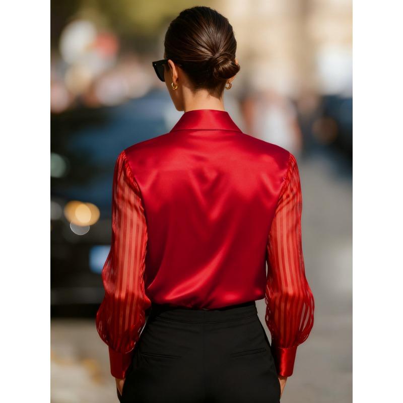 2026 New Elegant Mesh Patchwork Long Sleeve Office Shirt Spring Autumn Loose Casual Women Satin Blouse Fashion Lapel Solid Color Tops Clothes