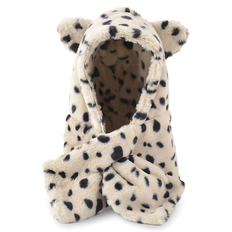 Plush Leopard Print 3d Hooded Hat With Neck Warmer For Winter Warmth