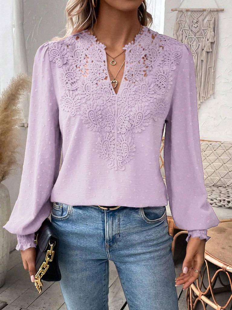 Autumn/Winter V-Neck Lace Long Sleeve Casual Solid Color Women's Top
