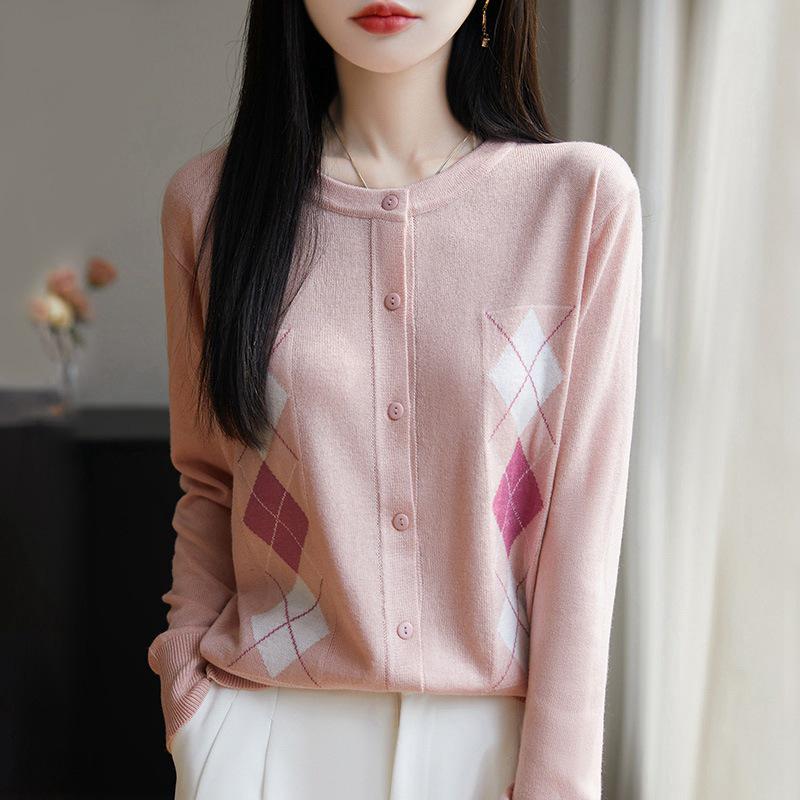 

Women s Fine Wool Diamond Check Knit Cardigan - 2025 New Style Sweater Jacket L (120-140 jin)