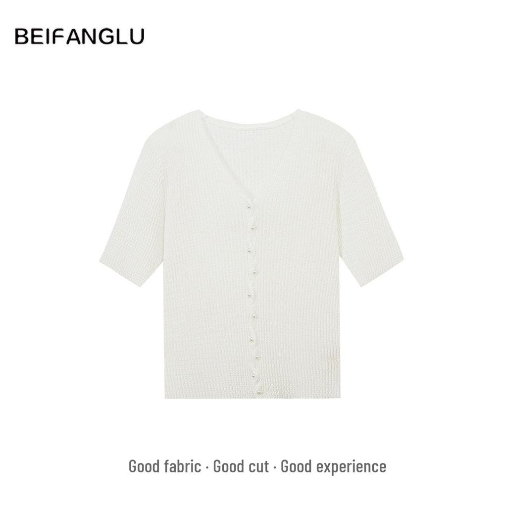 Northern Deer French Style V-neck Knit Top: Lyocell & Triacetate Blend, Short Sleeve, Summer Chic
