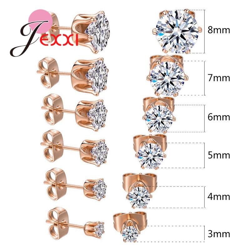 Fine 925 Sterling Silver Jewelry Earrings Clear Cubic Zircon 3MM 4MM 5MM 6MM 7MM 8MM Mix Size 6 Pairs Women Men Ear Accessories