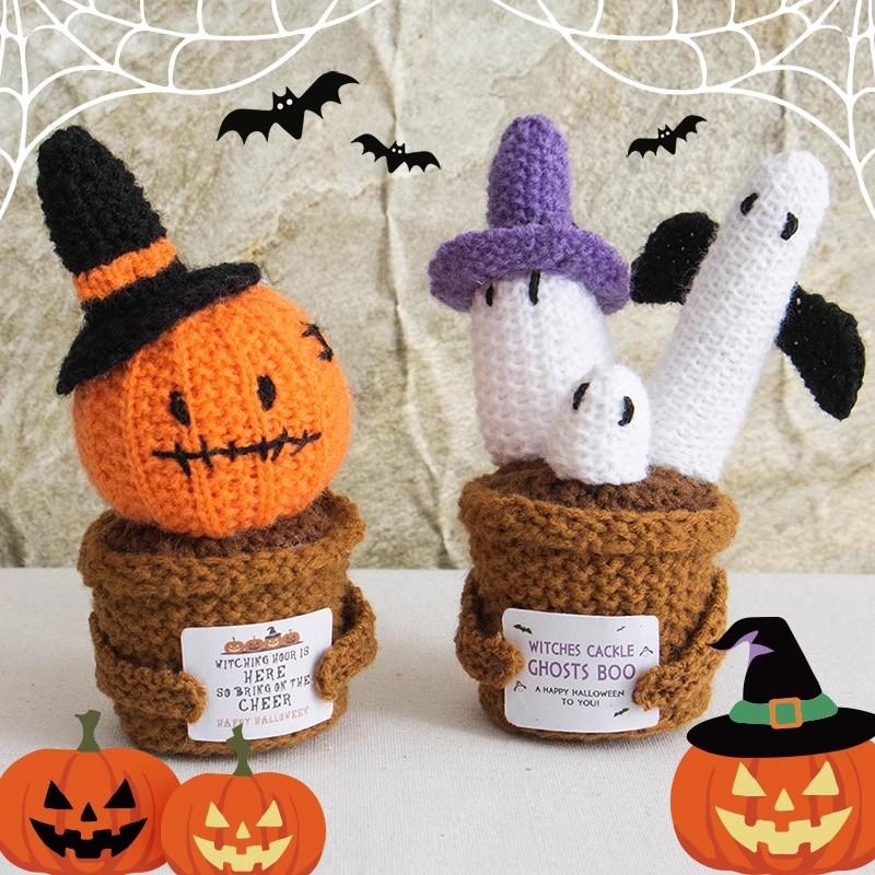 Crochet Flower Artificial Flower Potted Halloween Decoration 2025 Office Desk Accessorie Party Guests Gift Room Decor