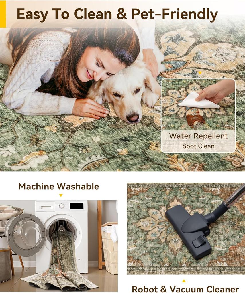 Tappeto Bohémien Vintage con Stampa Floreale, Tappetino Antiscivolo Orientale Consumato Verde Beige per Soggiorno Camera da Letto Arredamento Casa Tappeto
