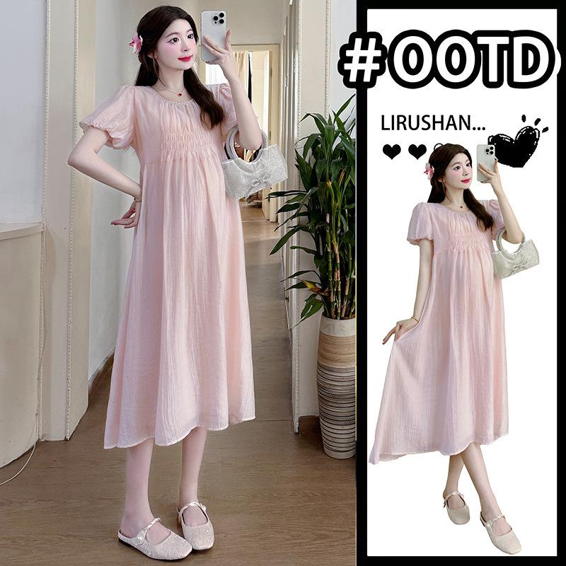 2026 Summer Sweet Puff Sleeve Maternity Dress - Slimming, Loose, and Belly Covering