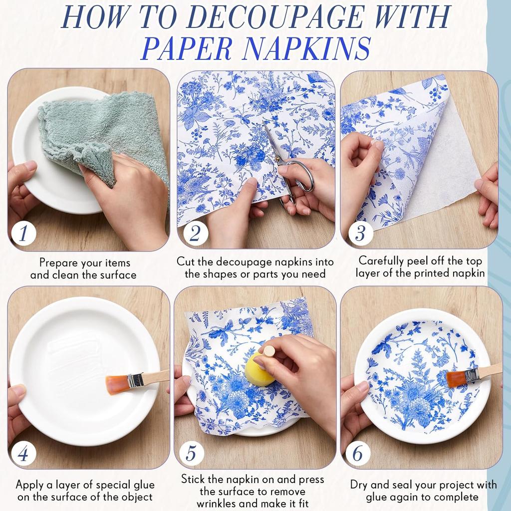 Crtiin 50 Pack 5 Styles Decoupage Napk Decorative Napk Floral Chinoiserie Cocktail Paper for Birthday Party Wedding Beautiful Gorgeous, Each Unfolded