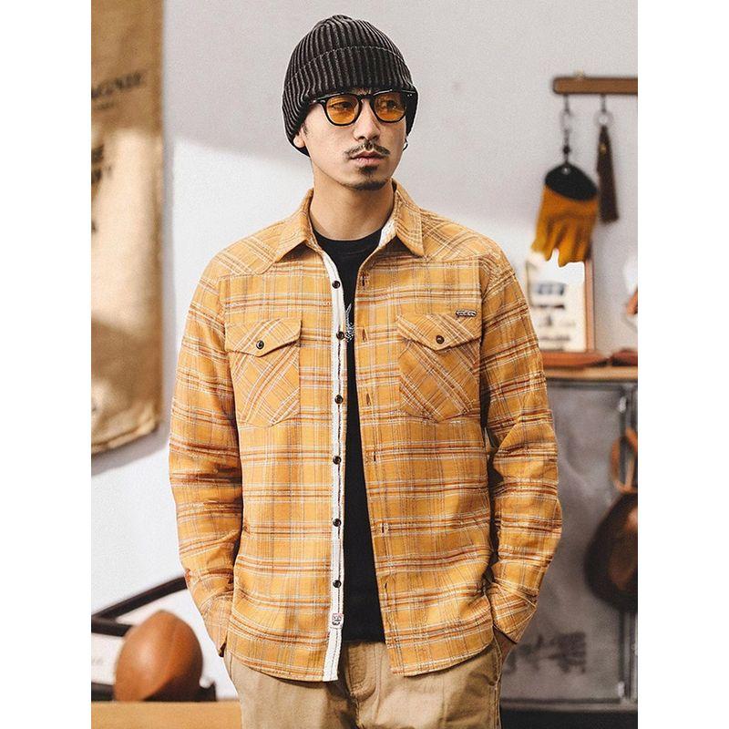 American vintage Heavy Pure Cotton Stiff Cargo Long sleeve Plaid Shirts Outerwear Men's Autumn and Winter Foreign Trade Men's Shirt