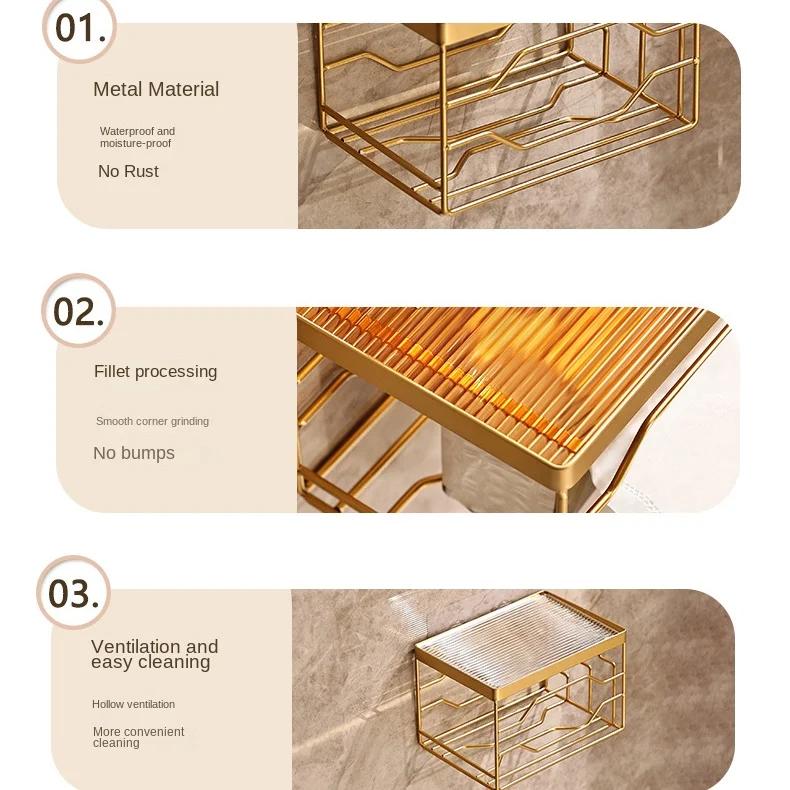 Koupelnový zlatý držák papírových ručníků do pokoje, nástěnná krabice bez vrtání, stojan na toaletní papír, příslušenství