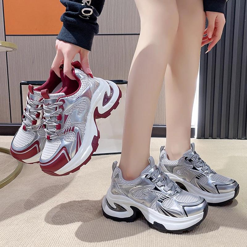 Fashion 2025Women Luxury Chunky Mesh Breathable Increased Internal Trainers Sports Running Casual Platform Vulcanize Shoes