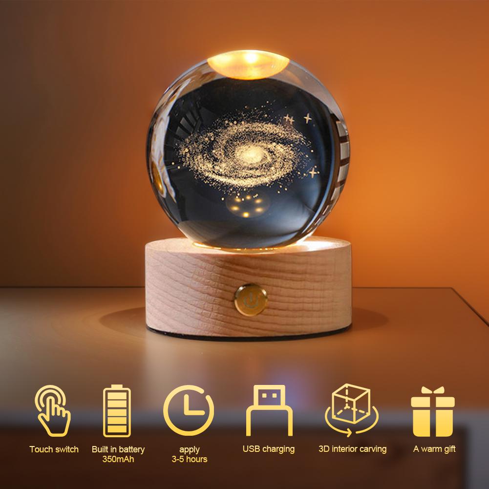 3D Decorative Crystal Ball Lamp with Wooden Base Astronomy Space Night Lamp Touch Sensor 350mAh Birthday Gifts for Boys Girls