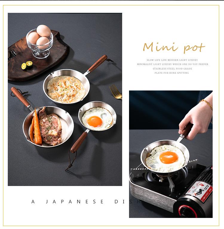 Mini Patelnia ze stali nierdzewnej 304 z płaskim dnem, drewnianą rączką i osłoną przeciw pryskaniu, niepowlekana patelnia do omletów