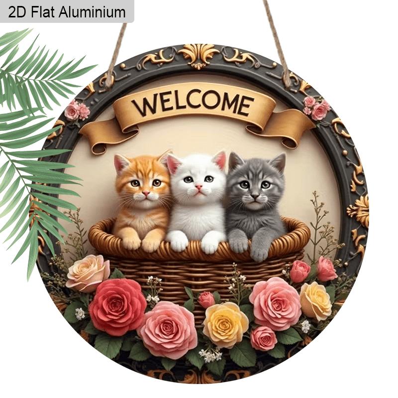 

2D Flat Aluminum Welcome Sign Round Metal Sign with Cute, Rustic Farmhouse Spring Summer Porch Wall Hanging for Cat Lovers, Pre-Drilled Holes for 1pc