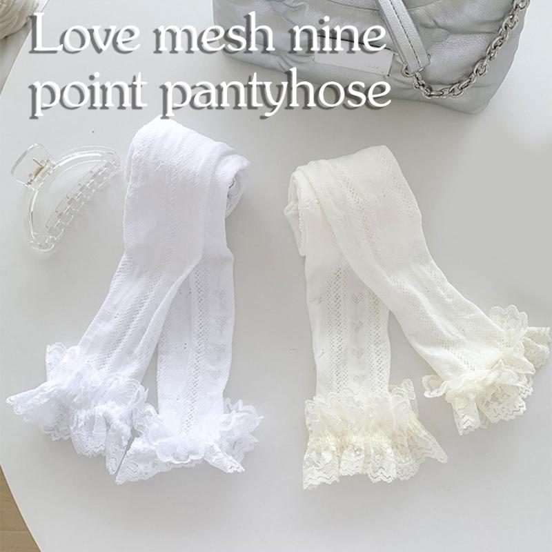 Women Hollowout Heart Pattern Fishnet Tights No Toes Pantyhose High Waist Footless Ruffle Lace Trim Leggings Stockings