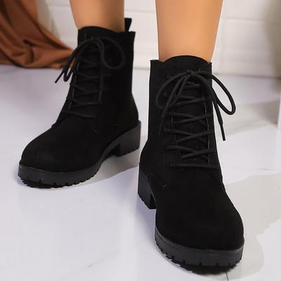 Lucyever Herbst Schwarz Niedrig Absatz Knöchel Stiefel für Damen Flock Schnürung Plateau Kurze Stiefeletten Frau Komfort Übergröße Stiefel Weiblich