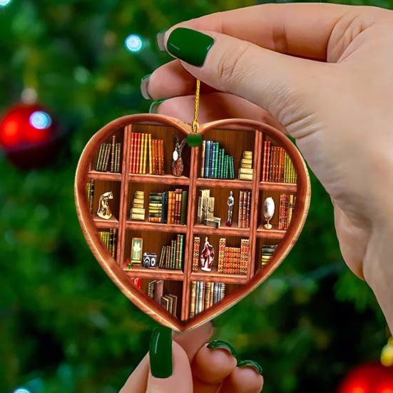 Heart Shaped Christmas Ornament Acrylic Bookshelf Xmas Tree Hanging Decorations 2D Flat Printed Book Gifts for Book Lovers