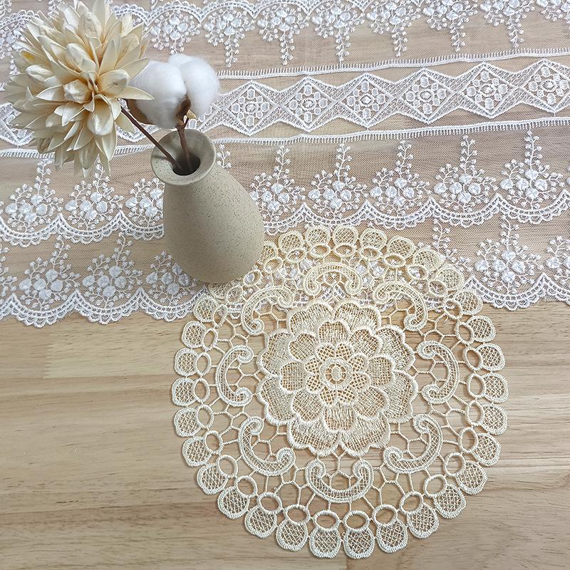 Beige lace embroidery cut-out tablecloth mat round water-soluble embroidery decorative coaster shooting props simple retro style
