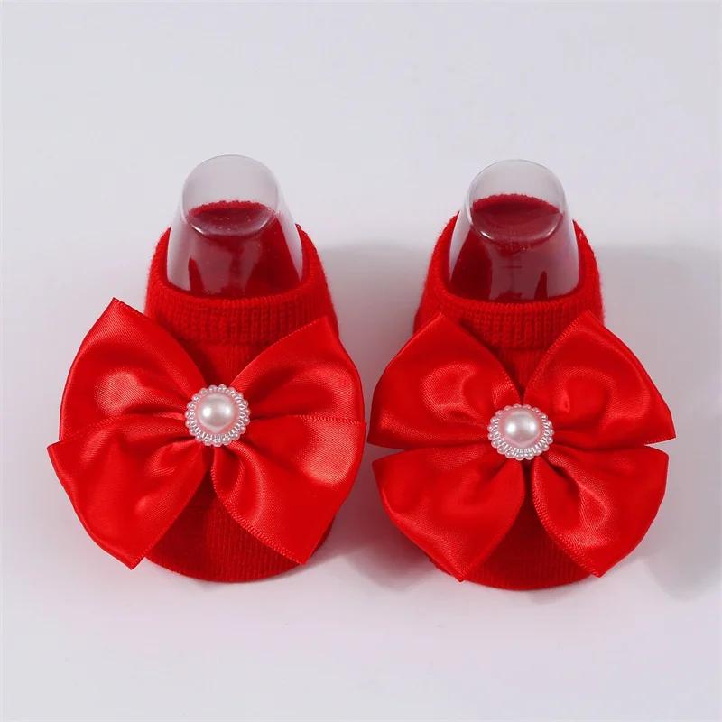 Baby Pearl Bow Solid Color Floor Socks Newborn Infant Knitted Breathable Socks Sweet Cute Girls Princess Children Birthday Gifts