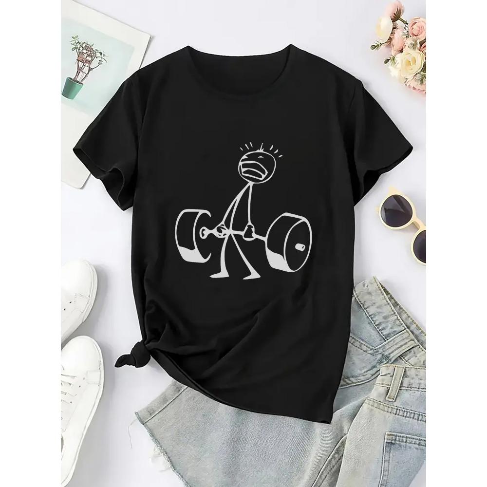 Dumbbell Graphic Print Tee Gym Casual Wear Summer Short Sleeved Harajuku Streetwear Tops Women Clothing