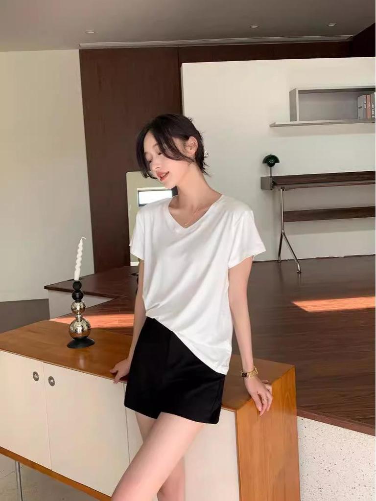 Damen Weißes V-Ausschnitt Kurzarm Sommer T-Shirt (2025), Lockere Passform, Unifarbe, Schlankes Unterhemd