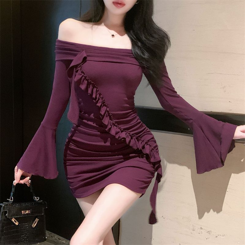 Pure Desire Sexy Hottie Purple Ruffle Edge Long-sleeved Dress Women's Winter New Slim and Thin Hip-wrapped Short Skirt