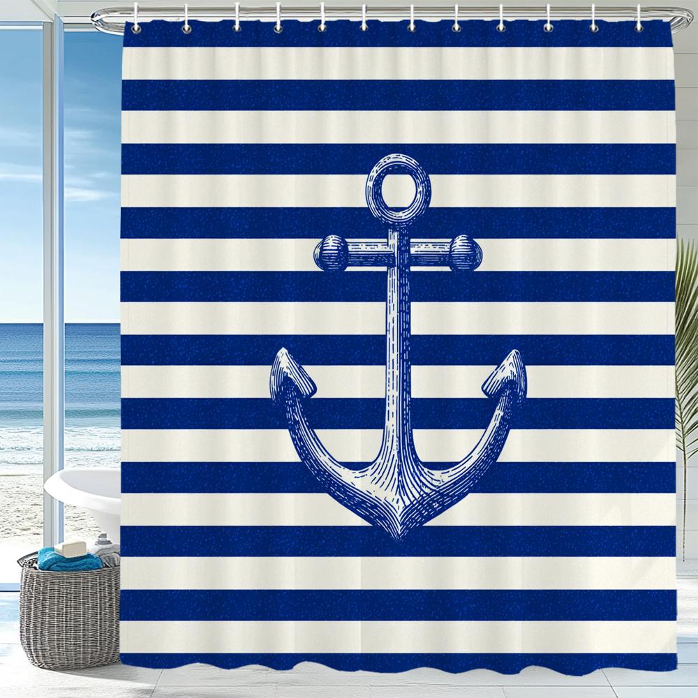 Modern Blue Stripes Sailing Style Shower Curtain, Bathroom Decorative Shower Curtain, Printed Fabric Shower Curtain With Hooks