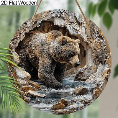 2D Flat, 1 PC Funny Animal Theme - Out of The Stone Hole Bear Pattern Wooden Hanging Decorative Signs and Plaques, Wall Art Signs Farmhouse Decor