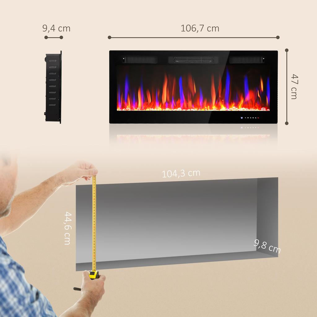 Wall-mounted or Built-in Electric Fireplace 900W/1800W, Flame Effect with 12 Colors 5 Brightness Levels, 106.7x9.4x47cm, Black