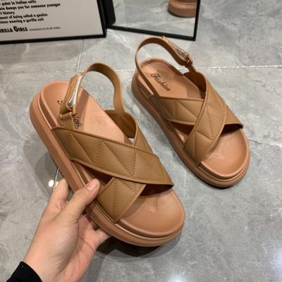 Simple Solid Color Cross-button Sandals Women, Summer Thick-soled Seaside Lazy Shoes Slippers Women