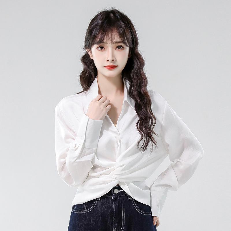 Petite Women s White Twist Long-Sleeve Shirt - Early Spring 2026 Slim Fit Medium белый