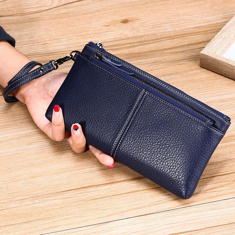 Natural Drop Pattern First Layer Cowhide Fashionable Women's Hand Grab Bag Hand Strap Multi-function Double Layer Zipper Mobile Phone Long Wallet