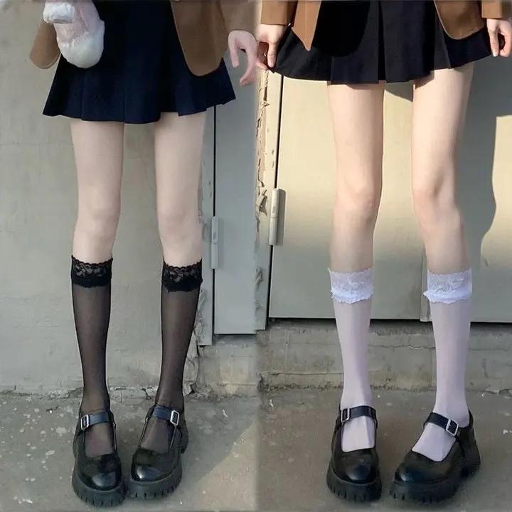 Lolita Summer Nylon Floral Lace Trim Calf Socks Ultra-Thin Transparent Sheer Knee High Socks Jk Girl Women Long Kawaii Stockings