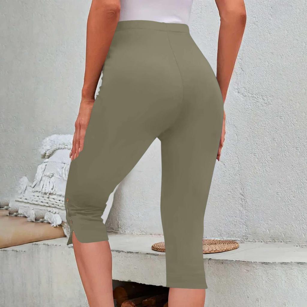 Women's Fashionable Solid Color High Waist Slimming Casual Elastic Waist Bottom Cropped Pants