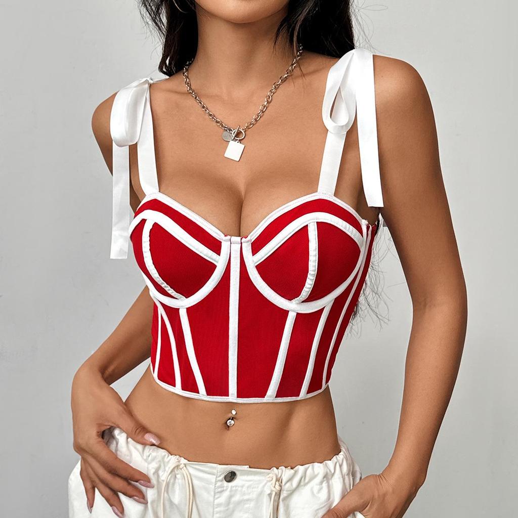 2024 Spring/Summer European Style Sexy Ribbon Strappy Fishbone Tank Top