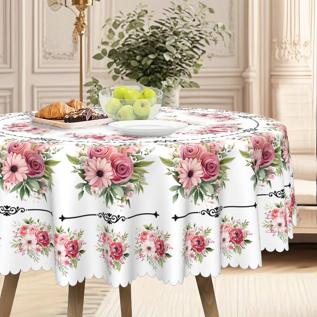 Pastoral Pink Flower Cloth Round Table Cloth, Vintage Lace + Floral Pattern, Household Table Cloth, Restaurant Decoration