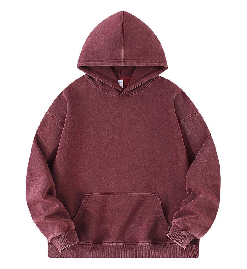 Women's Heavyweight Washed Hooded Sweatshirt, Loose Fit, Solid Color, No Drawstring, American Style, Long Sleeve, Versatile Base Layer
